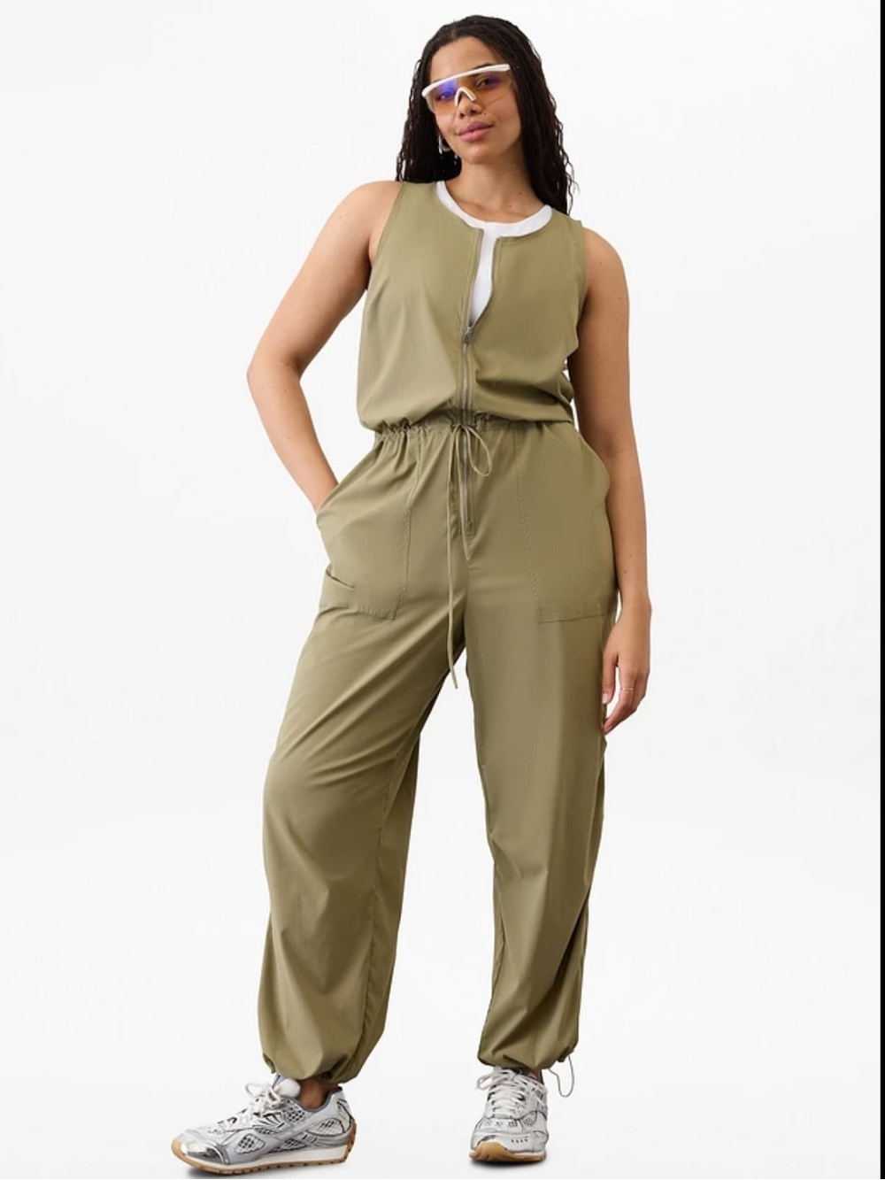 Athleta Olive Green Sleeveless Zip-Front Jumpsuit